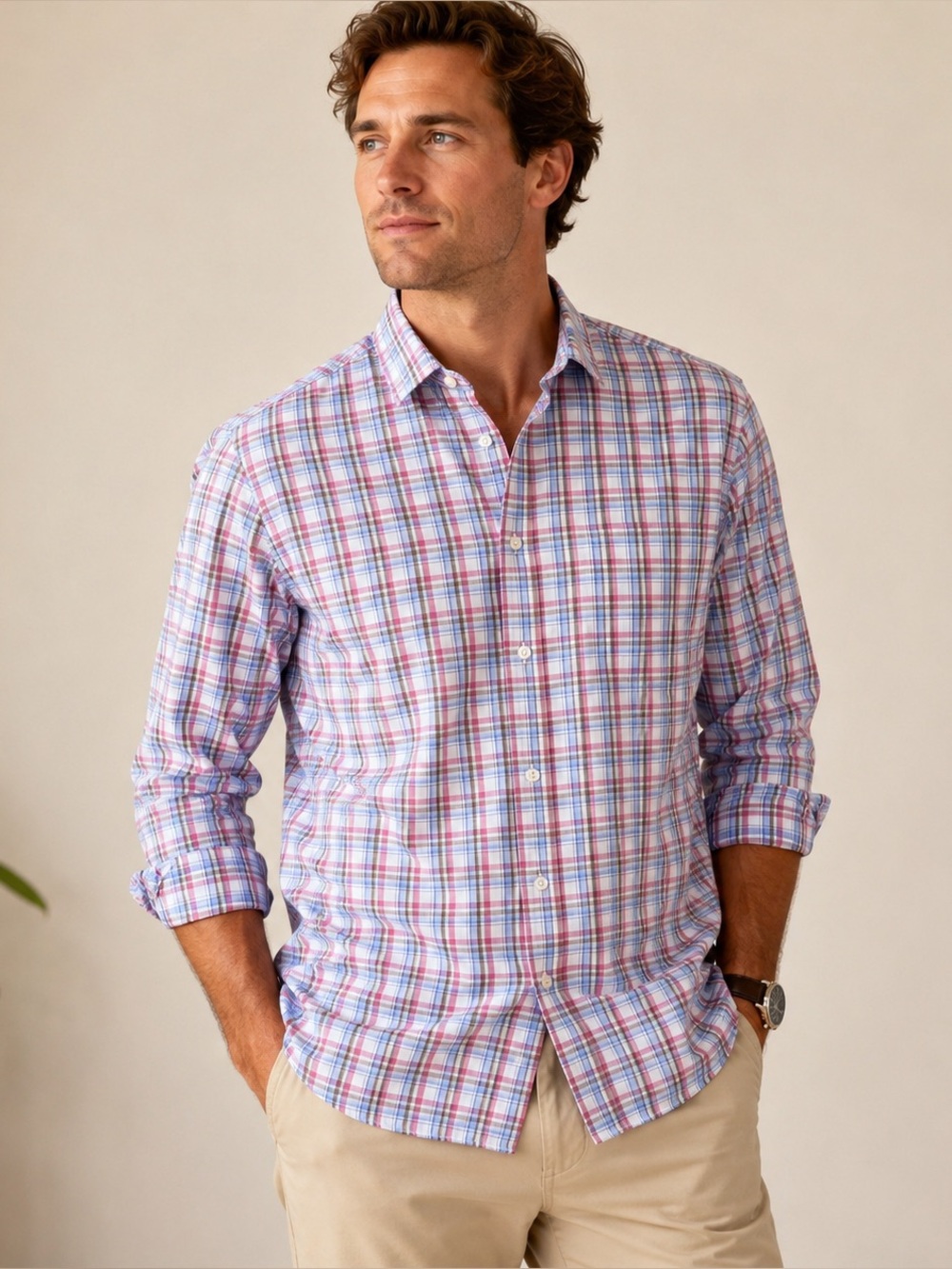 Johnnie-O Performance Plaid Button-Down Shirt | Large | Pink Blue Check
